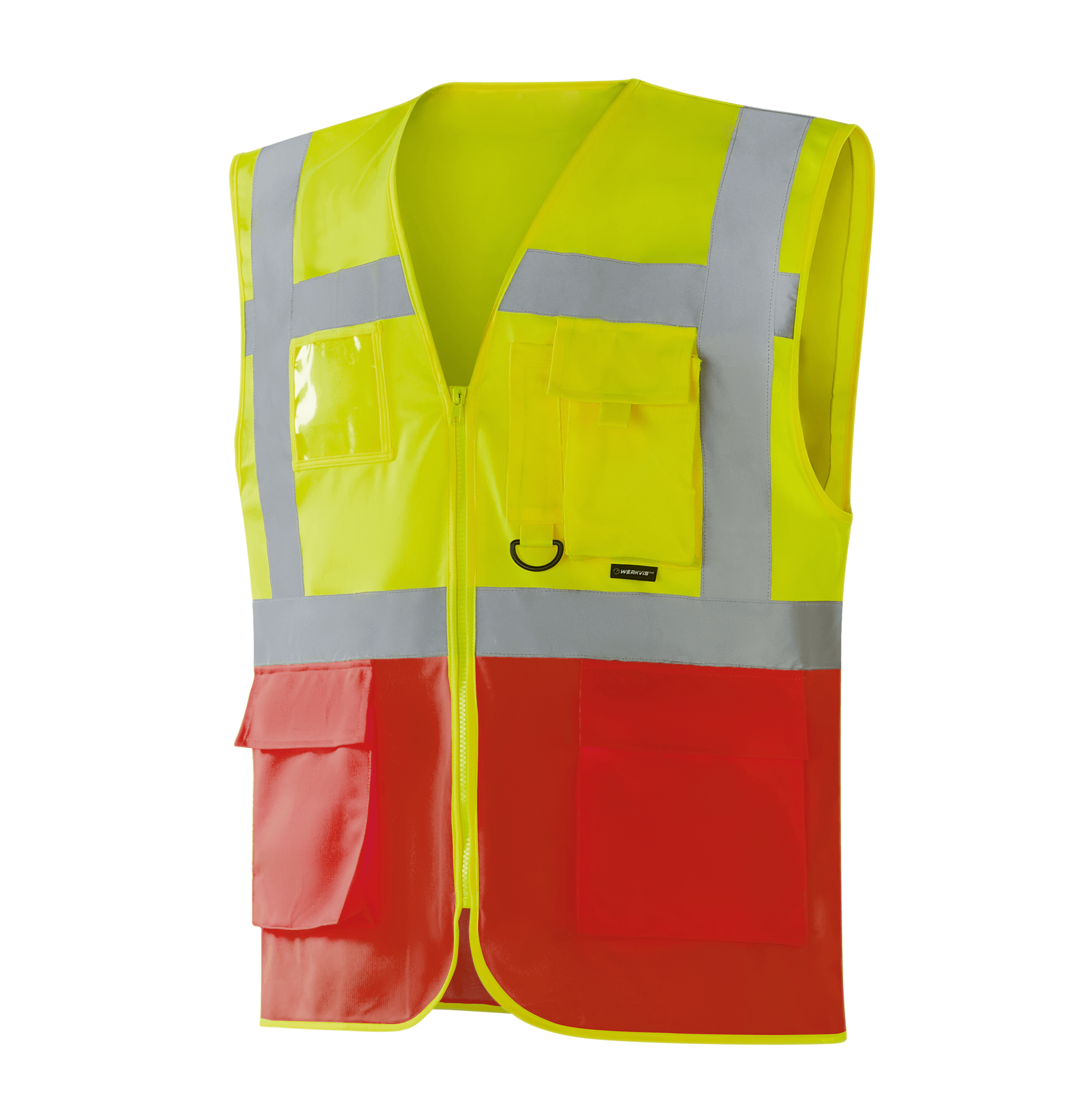 WV204 MALLORCA hi-vis yellow-red vest with pockets, pen holder, D-ring, transparent ID pocket, large lower flap pockets